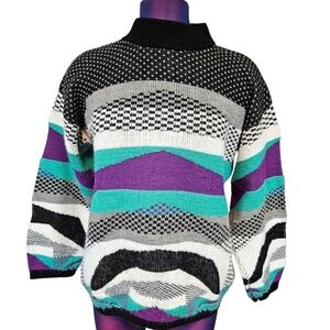 Vintage 80s College Point Retro Colorful Knit‎ Ski Sweater Size Large Women's